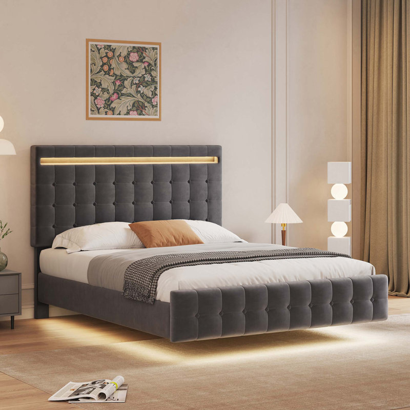 Luxurious Floating Bed Frame with LED Lights, Plush Velvet Upholstery, and Easy Assembly for a Modern Bedroom