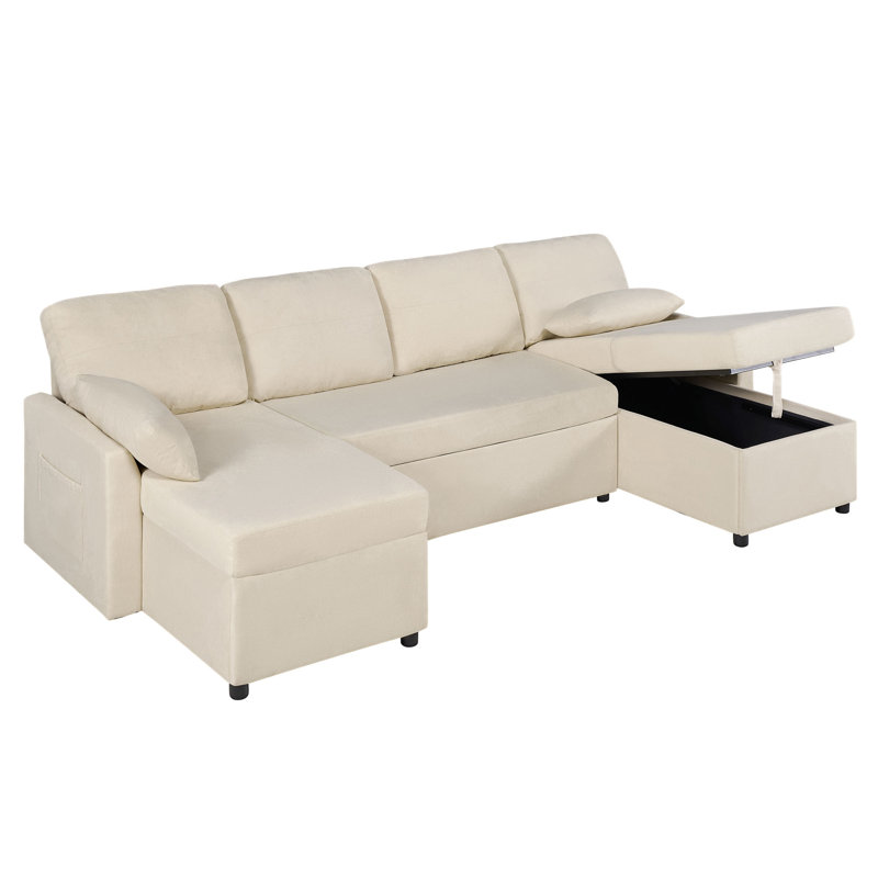 110-Inch Beige Chenille Sectional Sleeper Sofa with Storage Chaise