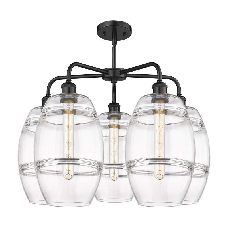 Lustre rond / ovale à abat-jour 5 lumières, H 15,38 po x l 26 po x P 26 po, Noir mat, Transparent