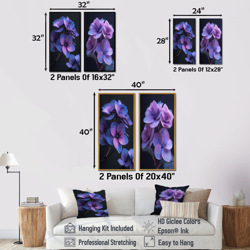 Beauté éthérée, mauve, bleu, hortensia, photo I - ensemble d'hortensias muraux 2 pièces, H 28 po x l 24 po, Blanc
