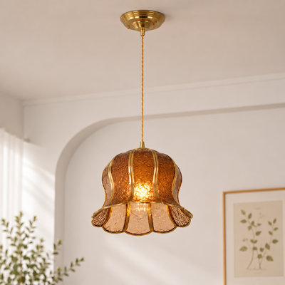 1-Light Vintage Pendant Light with Amber Petal-Shaped Glass Shade