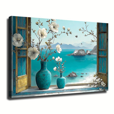 Vase de fenêtre rétro avec vue sur le bord de mer, grande reproduction d'art sur toile tendue pour salon, chambre à coucher