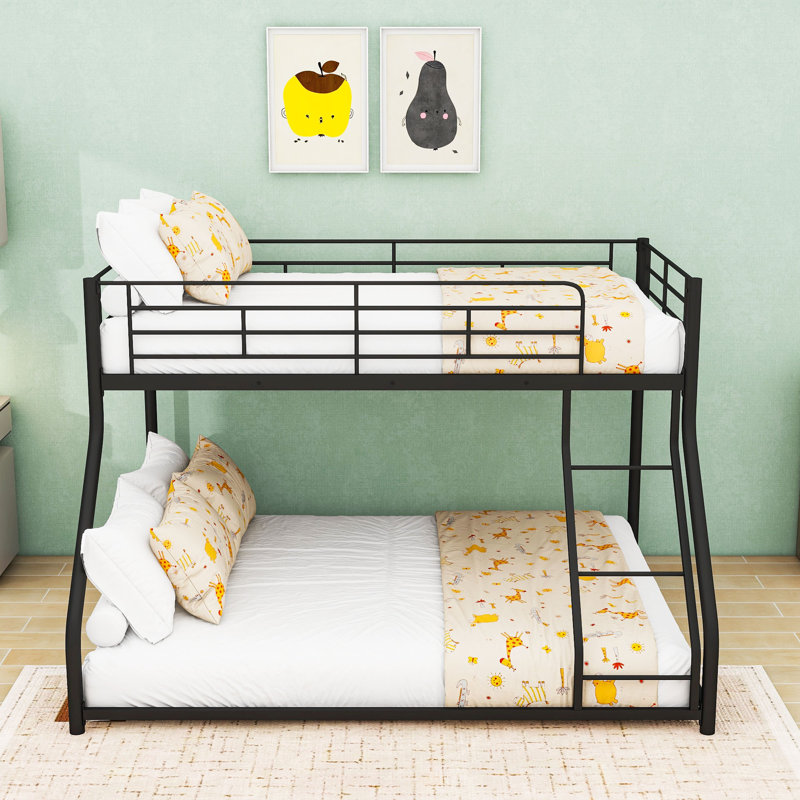 Metal Bunk Bed With Ldder,Slats And Guardrail, Twin XL Over Queen
