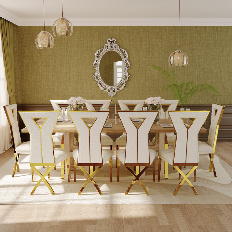 Chaises de salle à manger de luxe en velours avec pieds argentés en miroir, Blanc, Bronze