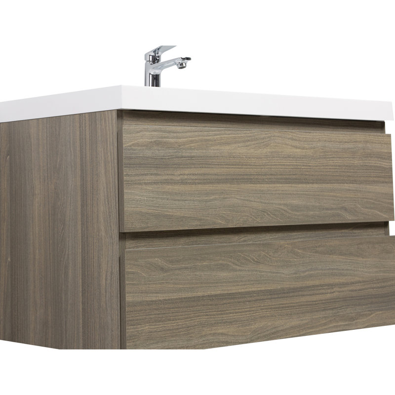 Meuble-lavabo de salle de bain 36 po, unité élégante. Lavabo en résine, tiroirs à fermeture en douceur. Gris cendré. Flottant 24 V11-36Ag avec lavabo, rangement mural attrayant. Propreté.