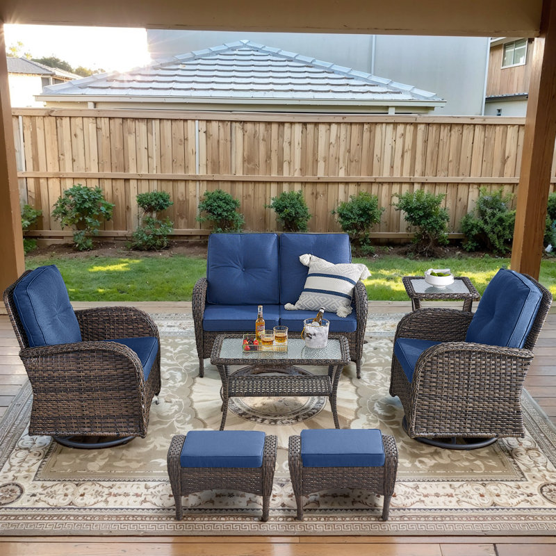 Gaetanino 7-Pieces Outdoor Conversation Set with Swivel Rocking Chairs and Cushions, Blue