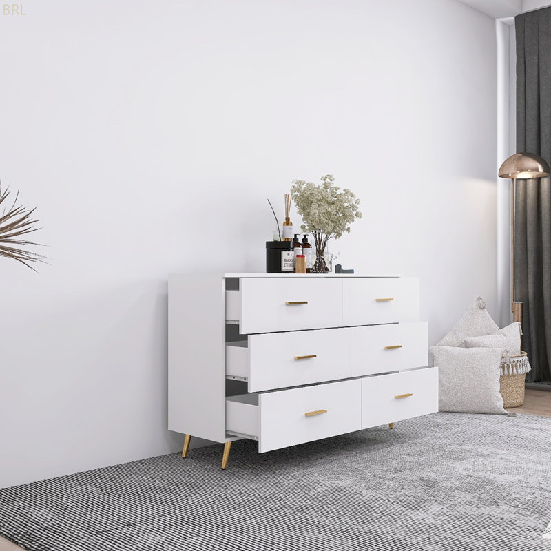 High Glossy Surface 6 Drawers Chest Of Drawer With Golden Handle And Golden Steel Legs White Color Vanity