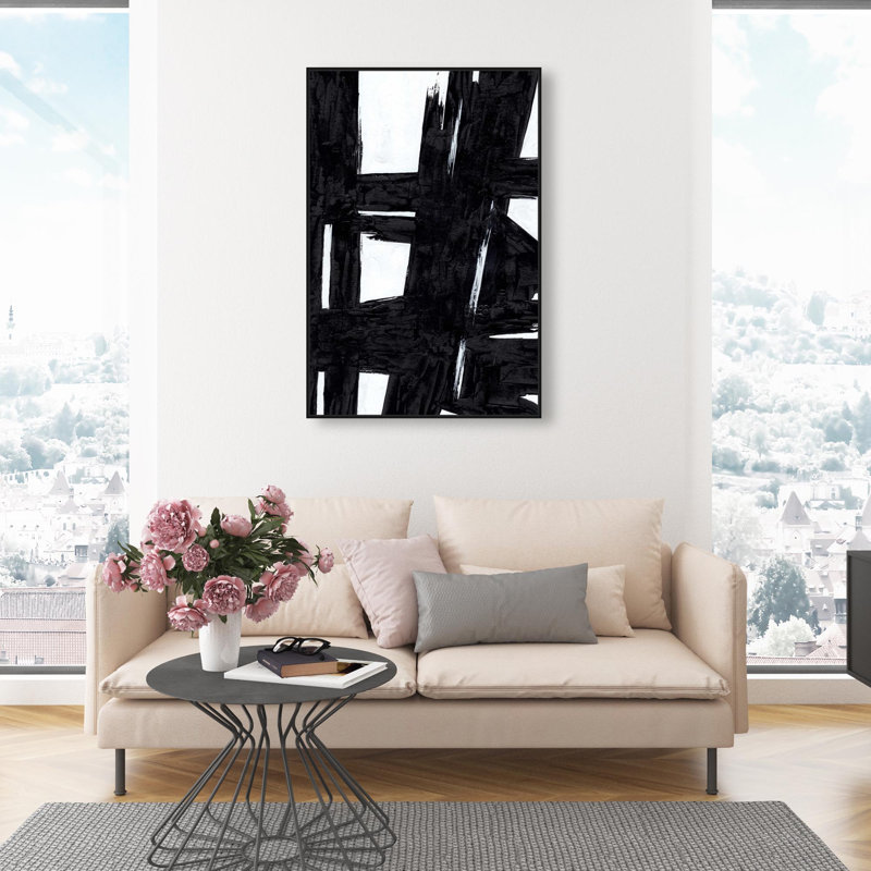 Oliver Gal Angle Monochrome Abstract - Hand-Brushed Paint Framed Canvas Art, 46" H x 31" W, Black
