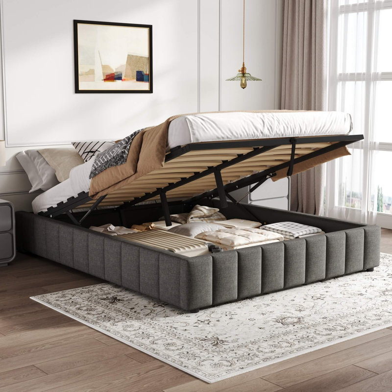 4ft6 Double Linen Ottoman Bed Frame with Hydraulic Storage, No Headboard, Channel-Tufted Upholstery, Metal & Wood Support Frame, No Box Spring Required, Easy Assembly, Grey
