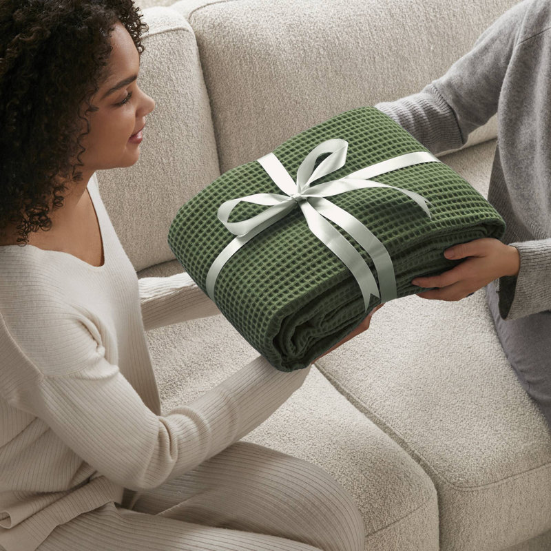 Couverture 100% coton Waffle Weave, Grand lit, Vert olive