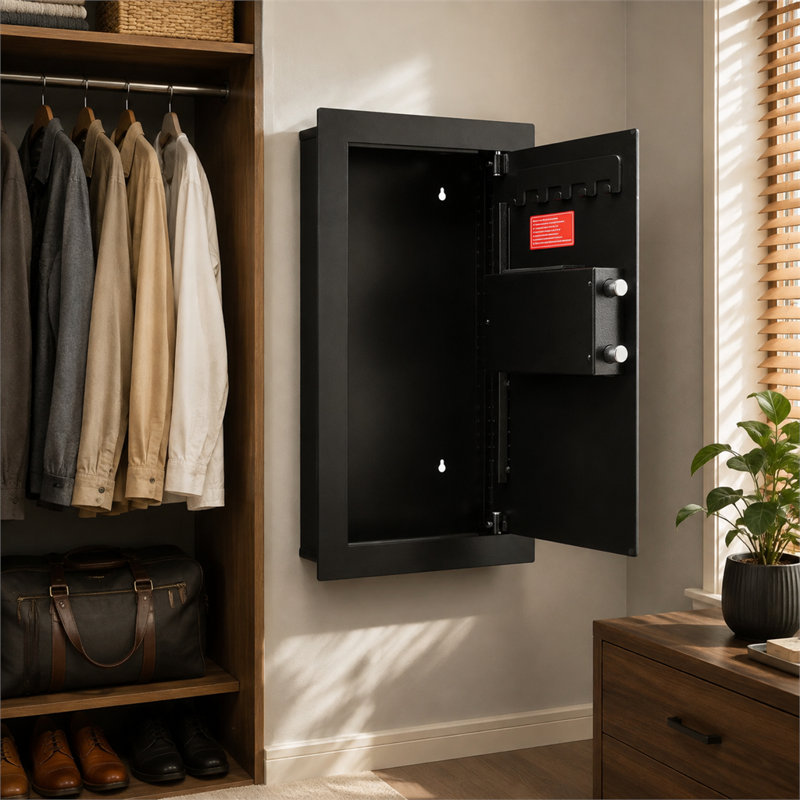 Coffre-fort mural noir à trois couches dissimulé, acier laminé à froid Q235, clé combinée, éclairage à DEL, tablettes, coffre de rangement pour porte-clés