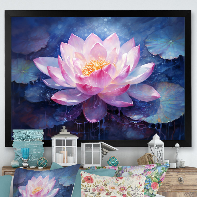 Lotus luminescence sur toile, H 24 po x l 32 po x P 1 po, Cadre simple noir