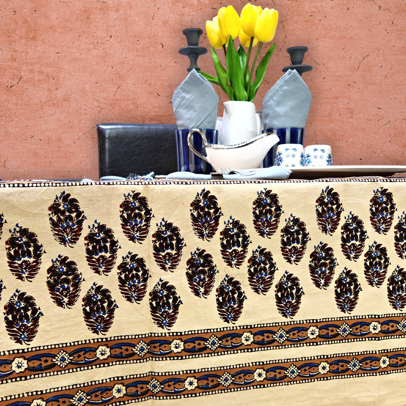Hand-Printed Beige and Black Cotton Floral Tablecloth
