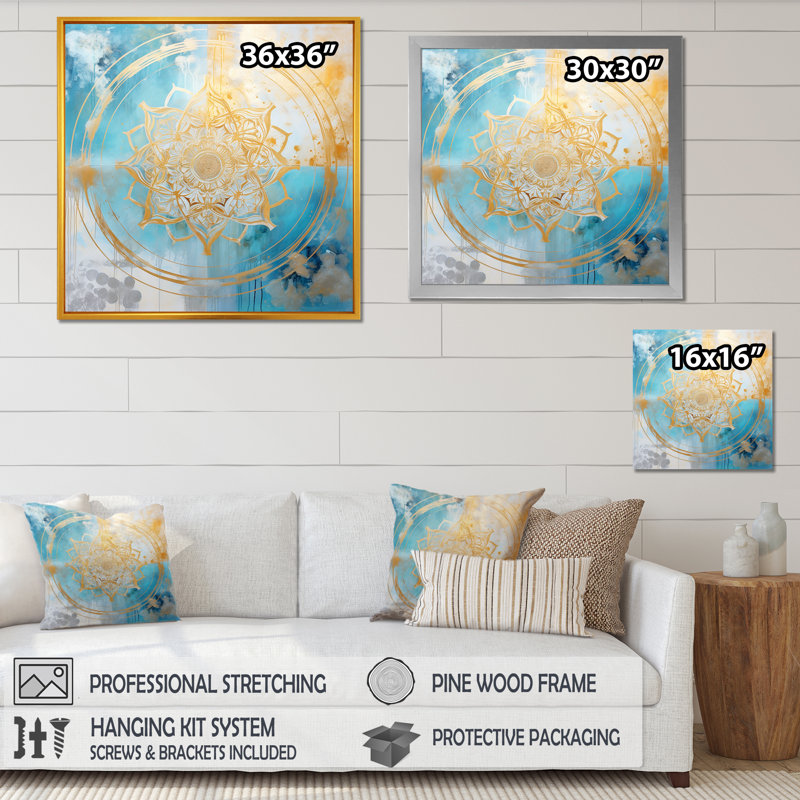 Divine mandala délicat or délicat turquoise - Boho Mandala, art mural sur toile, Toile tendue, H 16 po x l 16 po