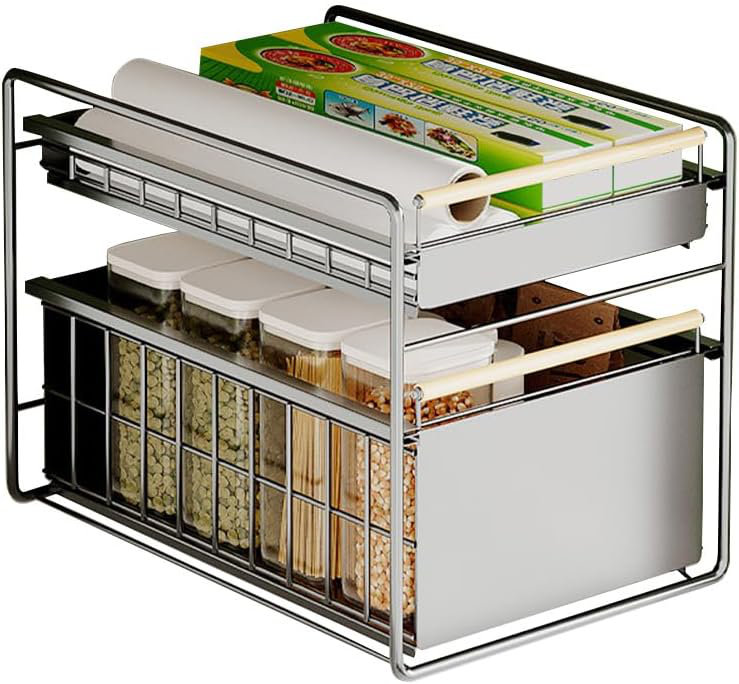 2-Tier Stainless Steel Pull Out Cabinet Organizer,Heavy Duty Chrome Plated Wire Basket With Shelf Liner for Kitchen Cabinets Pantry Storage Under Sink,40 x 28 x 39cm