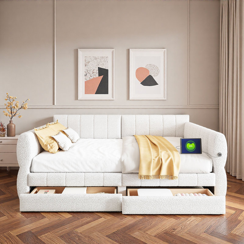 Upholstered Daybed With Usb And 2 Drawers, White