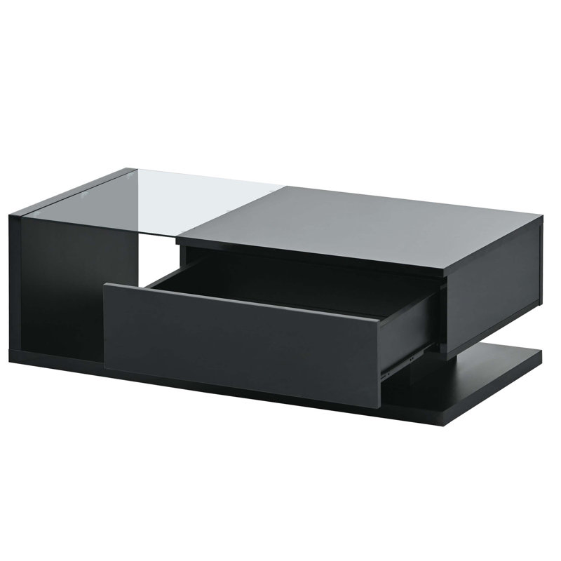 Modern Coffee Table With Tempered Glass, Wooden Cocktail Table With High-Gloss UV Surface, Modernist 2-Tier Rectangle Centre Table For Living Room