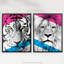 Neon Tiger Lion Vivid Jungle Animal Portrait Bold Geometric - 2 Piece No Frame Print Set-88622454