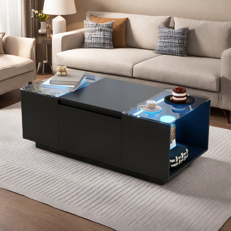 Table basse à 2 tiroirs avec compartiment de rangement ouvert et 2 tiroirs cachés, Noir