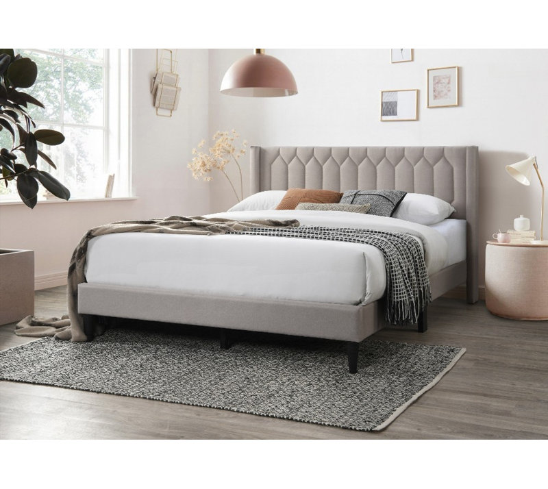 Structure de lit moderne grand avec toile de jute brun clair et motif à losanges unique, aucun sommier requis, support robuste