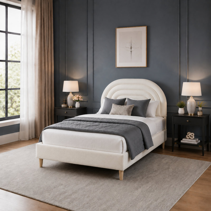 Halis Upholstered Scalloped Bed, Ivory Teddy, Twin