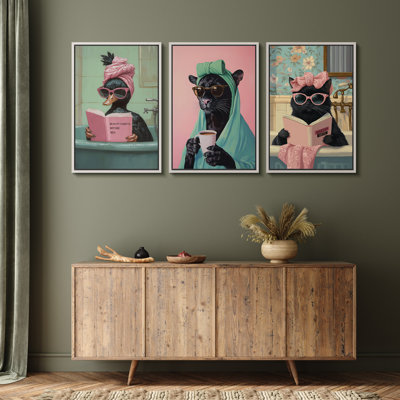 Bright Preppy Bathroom Animal Wall Decor, Modern Pink Green Girl's Room Pictures, Giclee Canvas Digital Print  Wall Art
