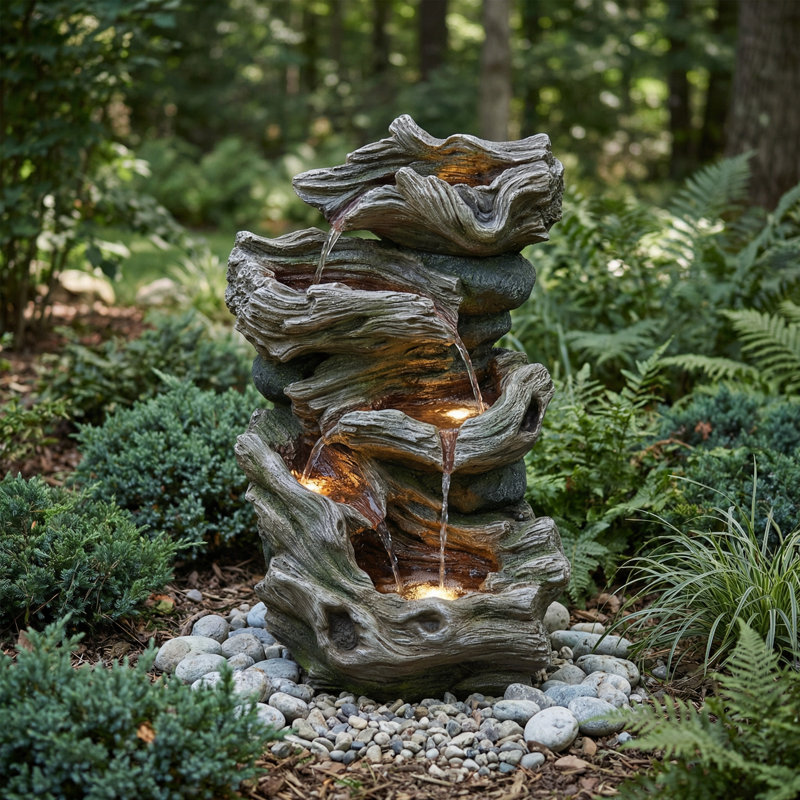 Fontaine d'extérieur en bois flottant naturel avec lumières DEL et pompe certifiée ETL - Cascade de jardin à plusieurs niveaux