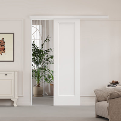 80"H 1-Panel Hidden Style Track White Sliding Barn Door With Installation Hardware Kit – Primed Surface, Hollow Core