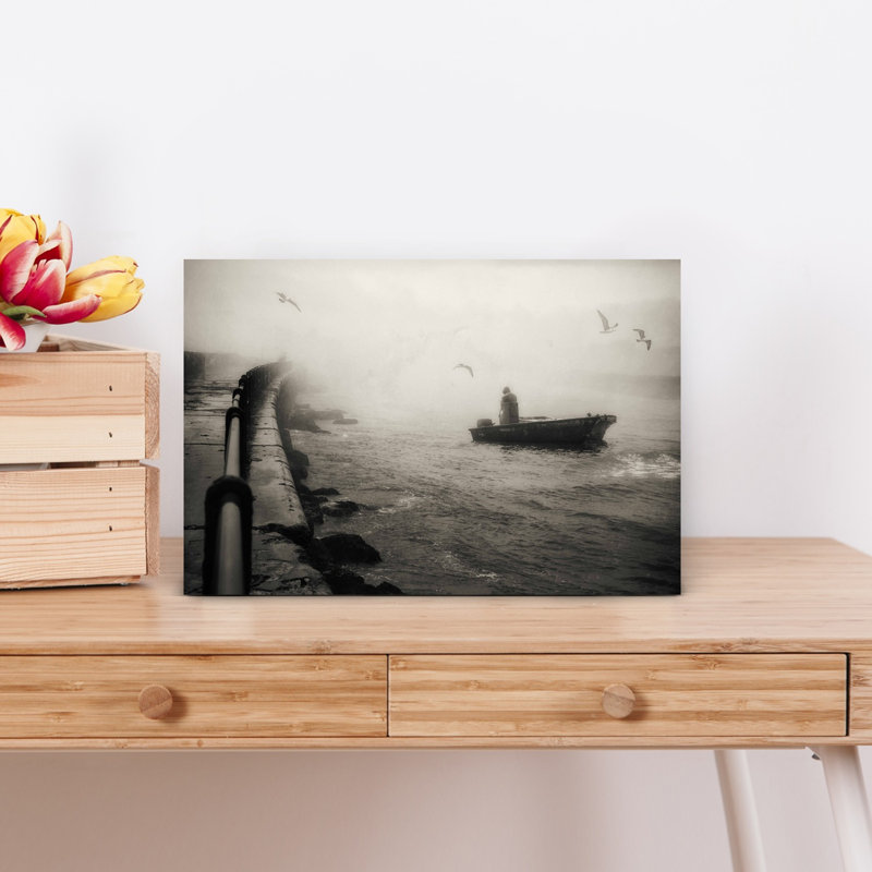 Lone Boat In Fog Ethereal Peaceful Serene Seagull Bird Coastal Ocean Wall Art Print by Charlaine Gerber - Print