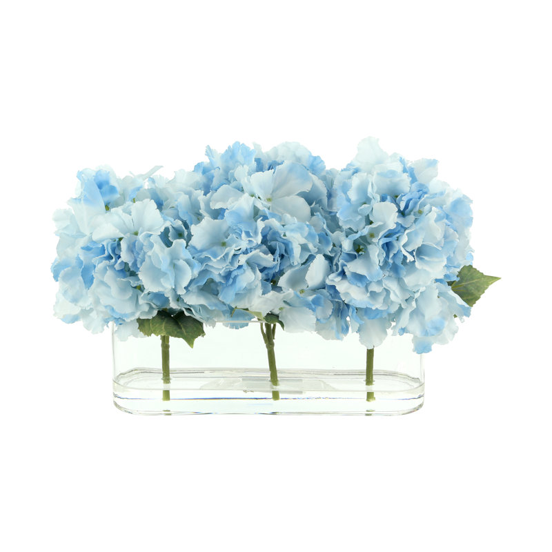 Hortensias disposés dans un vase en verre transparent, Bleu
