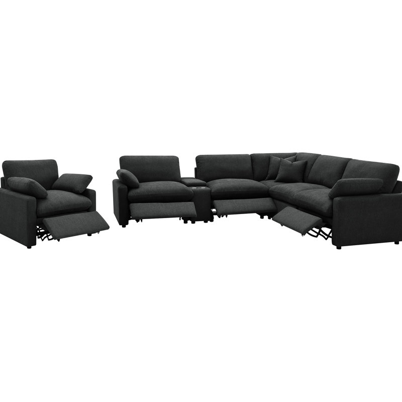 Canapé d'angle modulaire inclinable électrique 6 places gris foncé, idéal pour se détendre et ranger ses affaires, avec un surmatelas confortable pour recevoir.
