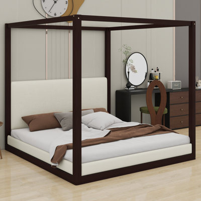Contemporary Wooden Canopy Platform Bed with Upholstered Headboard