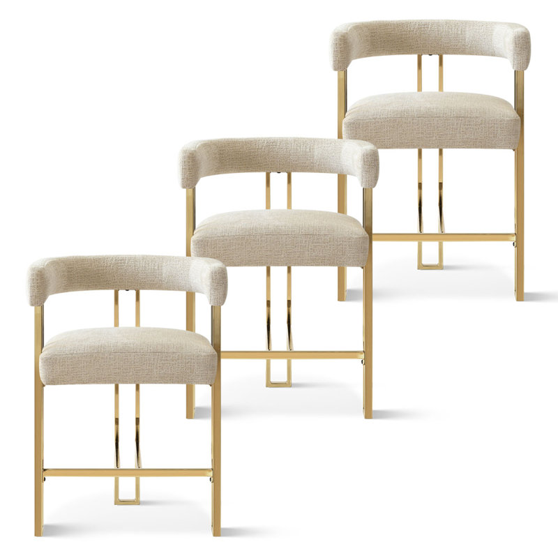 Dollie Set of 3 Upholstered Gold Chenille Solid Back Counter Stool, Oatmeal