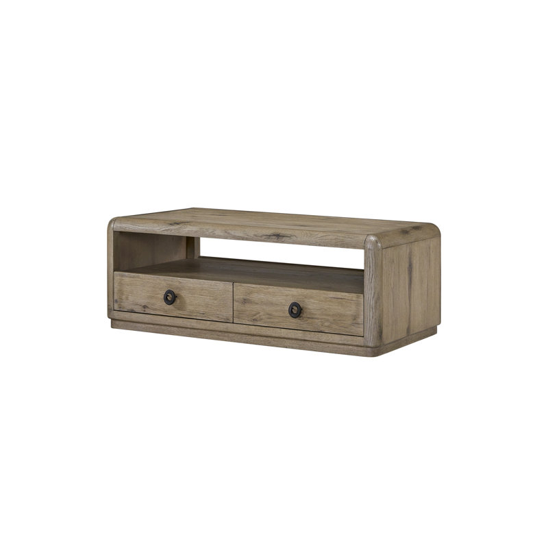 Table basse avec placage en chêne noueux anglais, deux tiroirs, tablette ouverte, 48 po de profondeur, 28 po de largeur, 18,5 po de hauteur, bords arrondis en chêne, poids de 117 lb, bois massif +