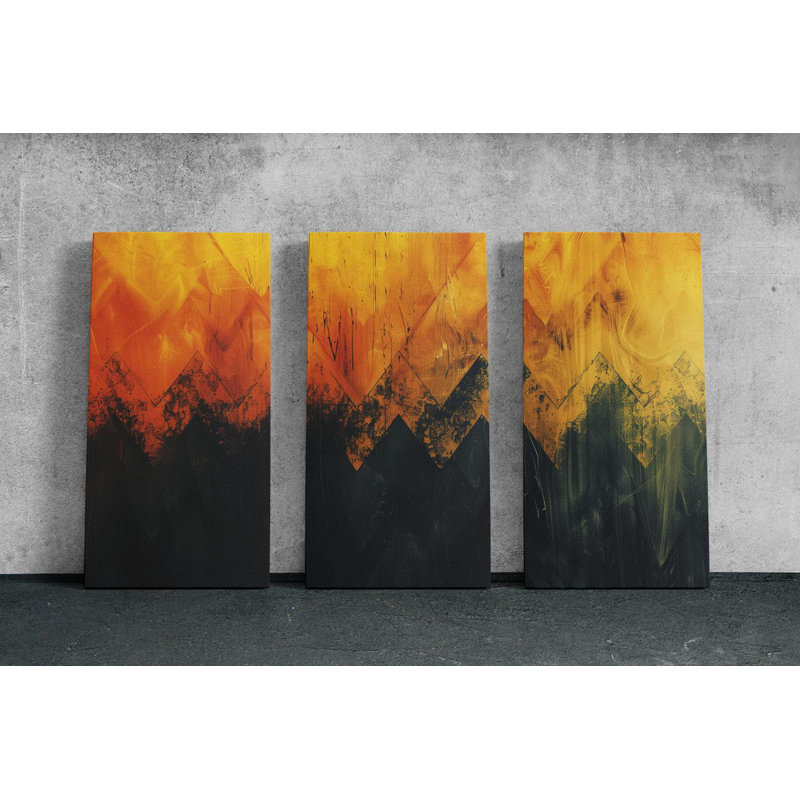 «Triptych Wall Art Modern Orange Black: Bold Geometric Design - Toile musée, encre résistante à la décoloration, prêt à accrocher, reproduction de peinture