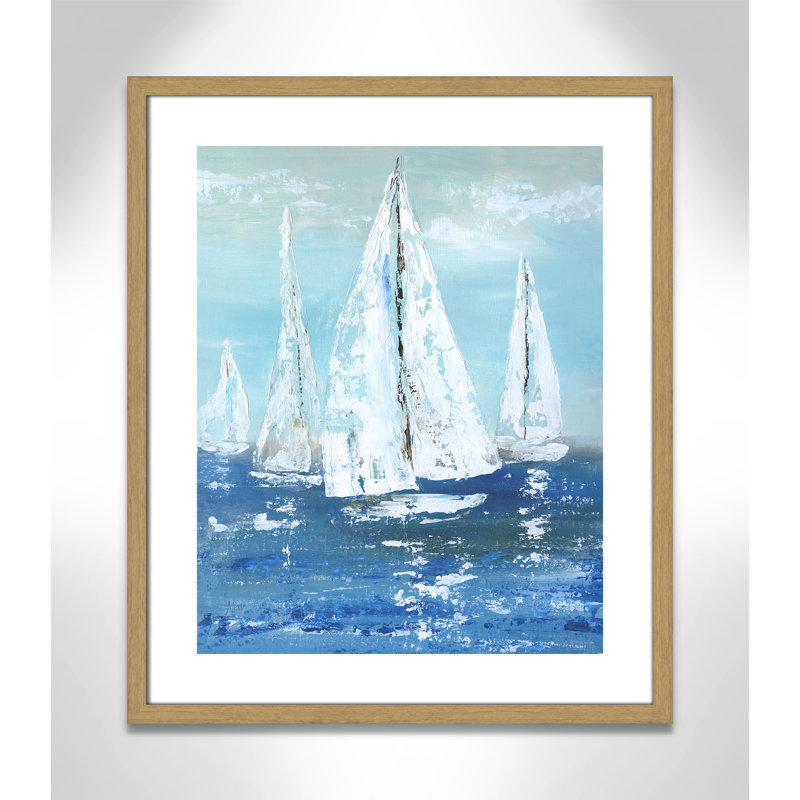 Voiles blanches - reproduction d'art, H 25,5 po x l 21,5 po x P 0,75 po, Toile avec cadre en bois beige
