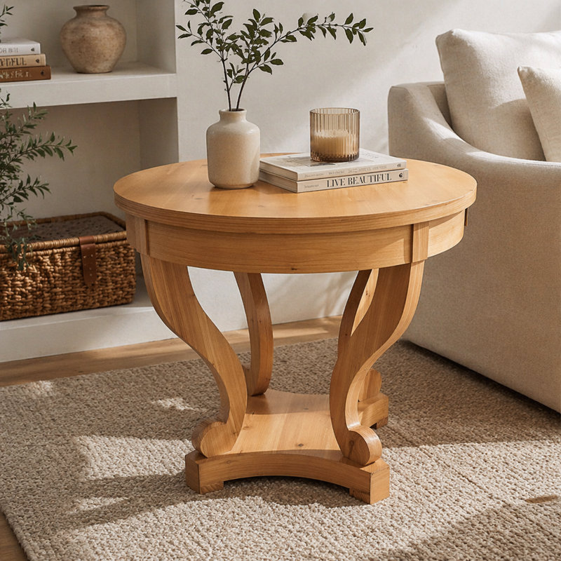 Pieds courbés de style campagnard de petite taille, table de bout, table de bout, table d'appoint, table basse pour coin-repas, cuisine, salle à manger ou salon, bois naturel