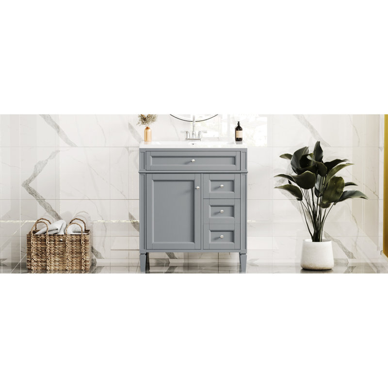 Meuble-lavabo avec lavabo de 76 cm (30 po) - Gris moderne, 2 tiroirs, tiroir basculant et rangement pour accessoires, décoration tendance