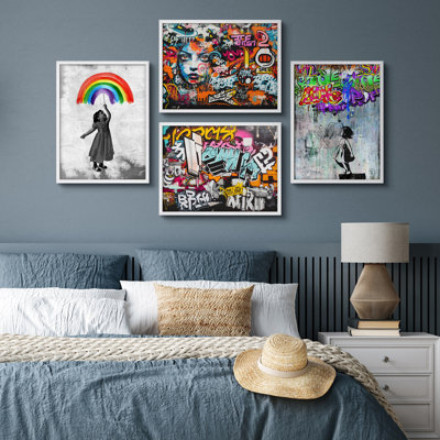 Colorful Street Graffiti Banksy Kid Modern Artwork Framed Prints Posters Bathroom Small Wall Art