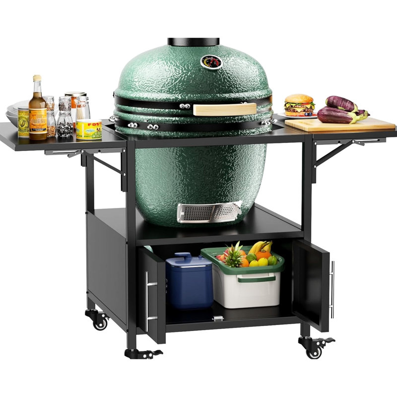 Table de barbecue extérieure en métal pour barbecue de style gros œuf, comprenant des planches latérales pliables, supportant des grils de grande taille et similaires, fabrication en fer robuste, rangement pour outils spacieux, assemblage rapide, mobile