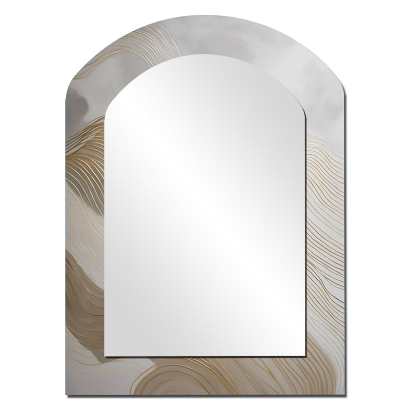 Gold And Grey Line Art In Motion III - Line Art Asymmetrical Wall Mirror, Gold Arch Decorative Mirror, Printed Metal Art