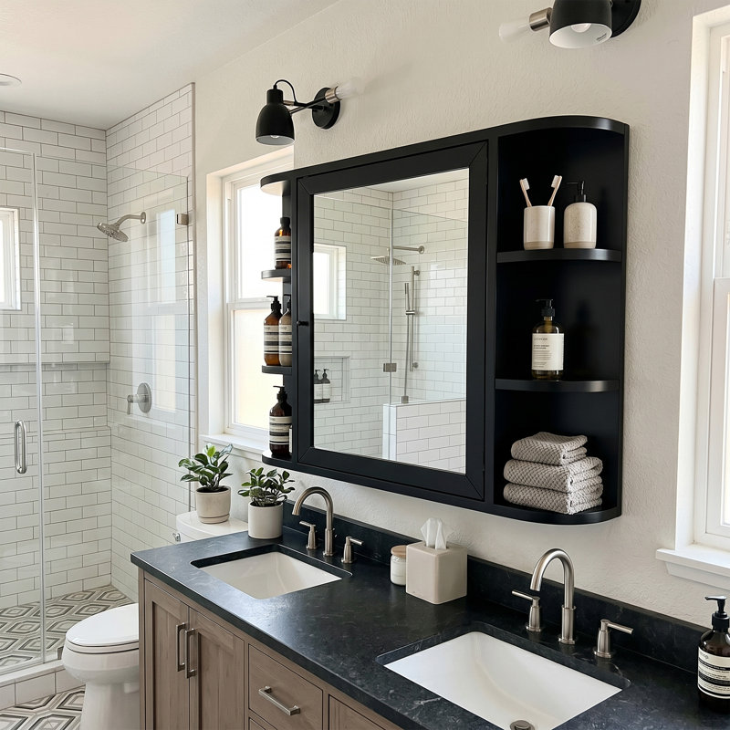 Rangement mural de salle de bain rectangulaire en bois noir avec miroir l 23,6 po x H 31,5 po, Black
