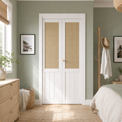 Portes pliantes pliantes en bois massif et imitation rotin 30 po x 80 po avec quincaillerie tissées à la main