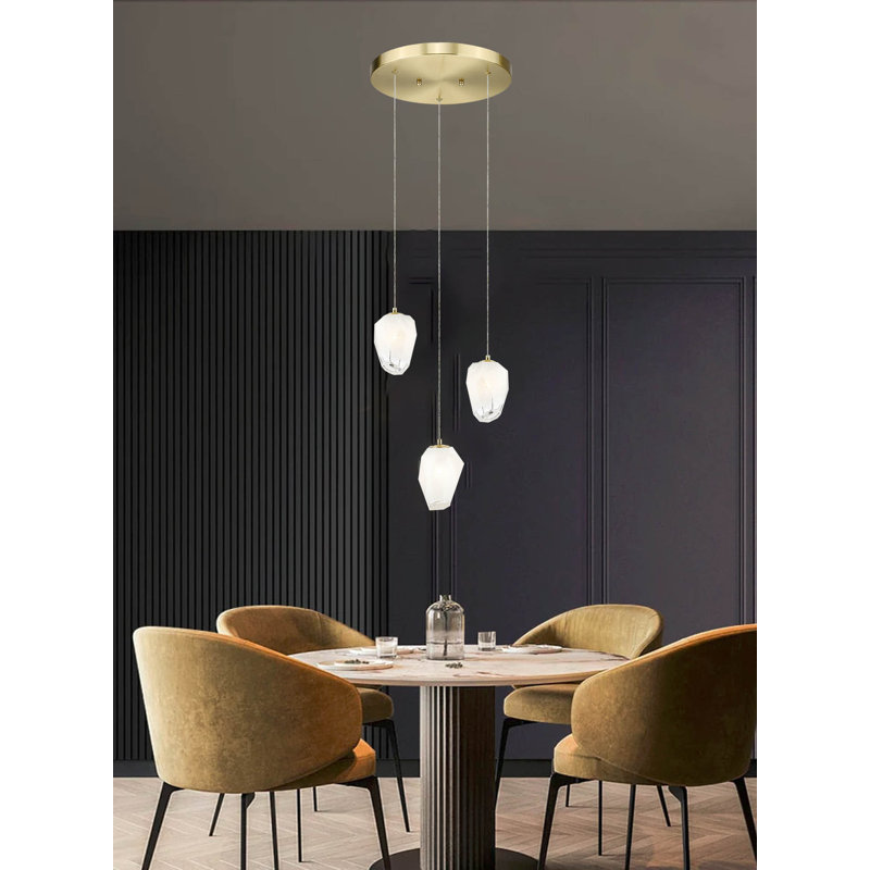Lustre 3 lumières doré avec abat-jour en verre blanc, Or