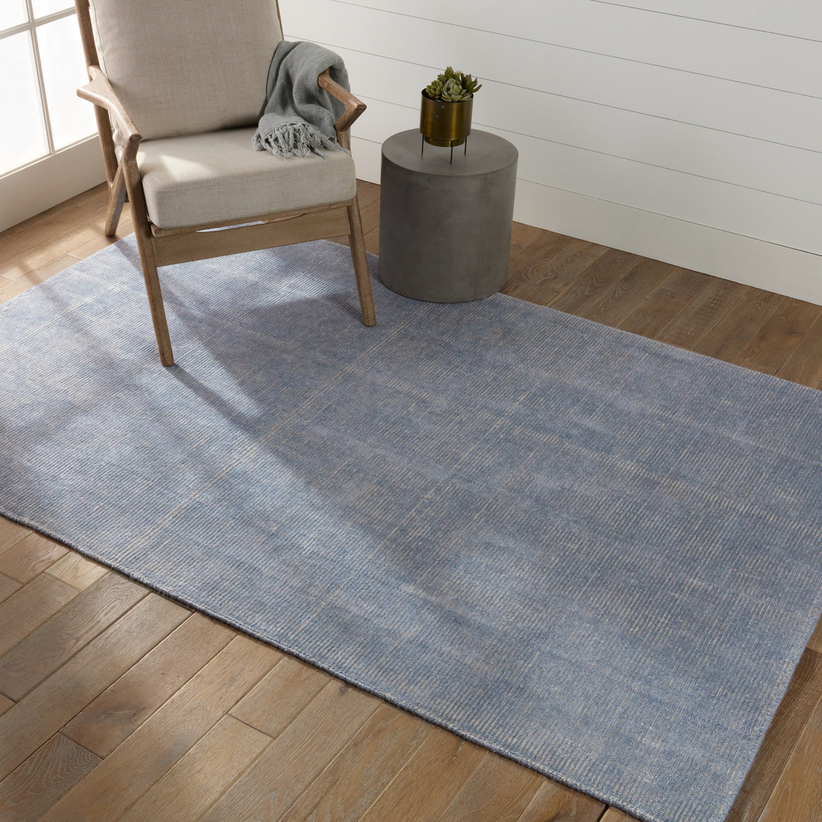 Caron Light Blue Cream Hand-Woven Striped Rug, Rectangle 5' x 8'