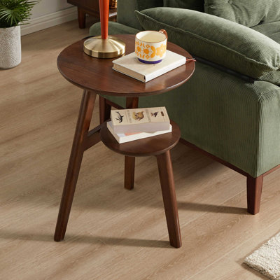 Table d'appoint 100% bois massif à 2 niveaux Table d'appoint de salon, table de chevet, table de bout ronde en bois massif, petite table d'appoint à 2 niveaux avec tablette de rangement inférieure