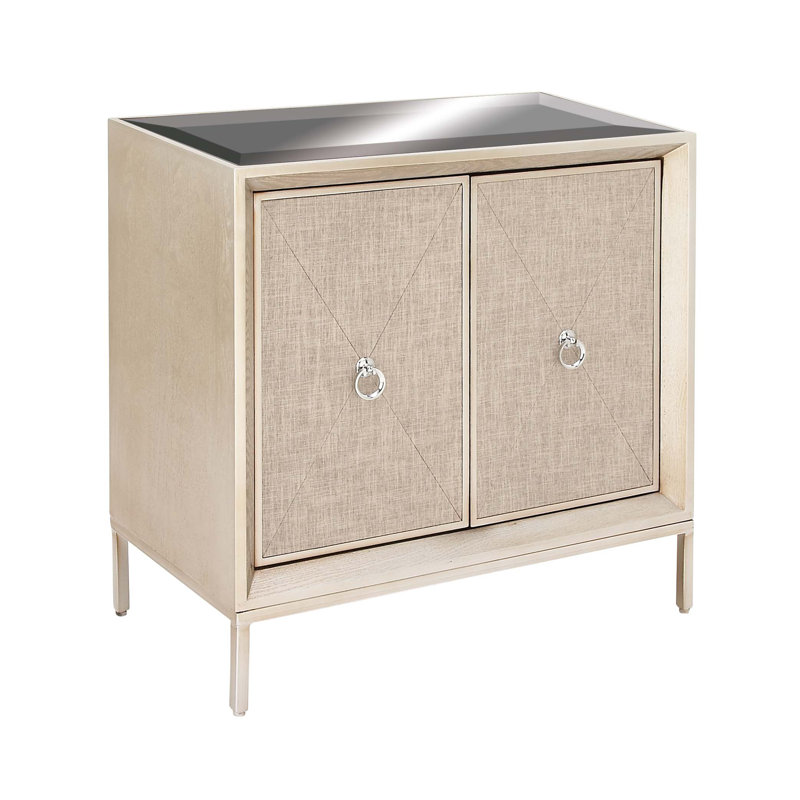 Beige Mirrored Fir Wood Upholstered Accent Cabinet