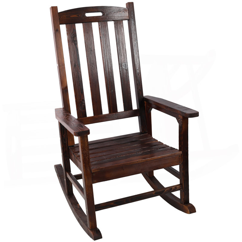 Wooden Oversized Porch Rocker Chair With Wide Seat And Tall Backrest,High Back Smooth Rocking Chairs For Outdoor & Indoor,Brown Color