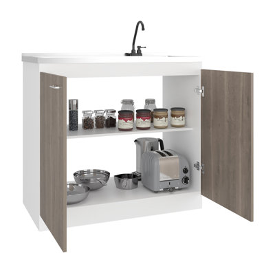 Utility Sink With Integrated Faucet And Stainless Steel Countertop, Freestanding Cabinet Two Doors Storage, For Home Office Kitchens, 21.19 In Depth Counter, Shelves, Garage Workspaces Easy Assembly