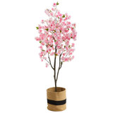 Faux cerisier en fleurs 72 po dans un panier en coton
